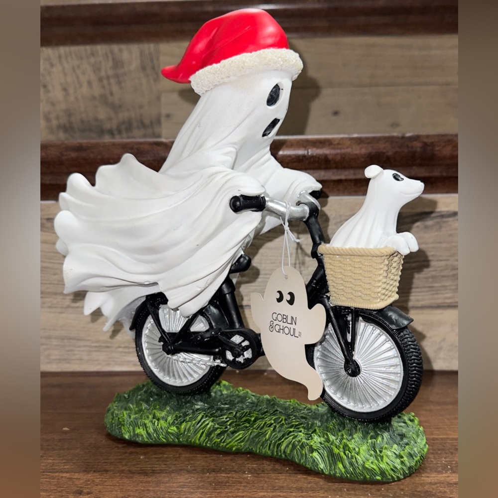 🥰 Ghost 👻 with Santa 🎅 Hat Riding a Bike 🚲 with a Dog 🐕 Figurine Xmas Edition